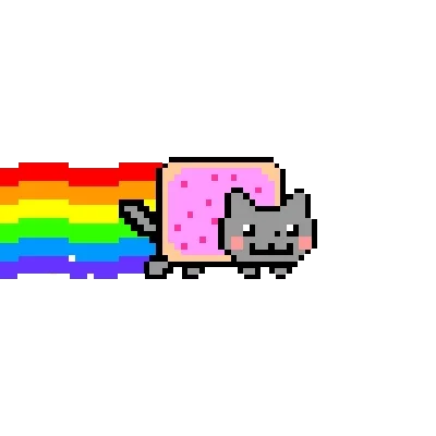 An animated image of Nyan Cat, a cat with a Pop-Tart for a torso flying through space leaving a rainbow trail behind it